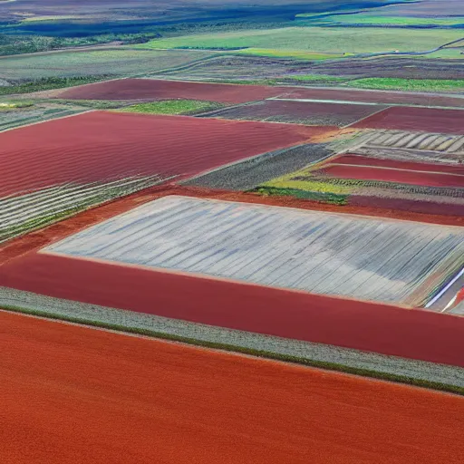 Prompt: a massive power station in the middle of a red sand grass field