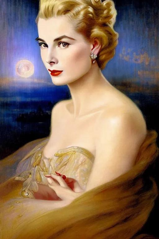 Image similar to a young and extremely beautiful grace kelly infected by night by dali in the style of a modern gaston bussiere, alphonse muca, victor horta, tom bagshaw. anatomically correct. extremely lush detail. masterpiece. melancholic scene infected by night. perfect composition and lighting. sharp focus. high contrast lush surrealistic photorealism. sultry expression on her face.