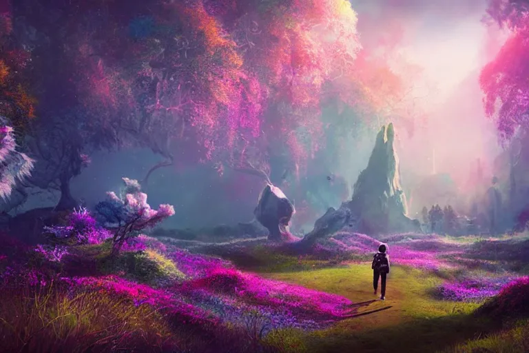 Image similar to Astronaut walking on a landscape of a beautiful enchanted fantasy world. Colorful. Cinematic lighting. Photorealism.