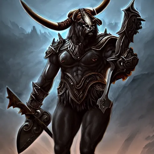 Image similar to epic bull headed minotaur beast in heavy ornate armor wielding giant axe, artwork, concept art, greek mythology, detailed, modern design, dark fantasy, digital painting, artstation, d&d