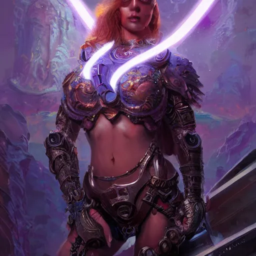 Prompt: portrait of a beautiful female cyclops as an evil paladin in full shining armor, oil painting, digital painting, intricate detail, neon color, artwork by ross tran + craig mullins + raymond swanland, background artwork by steven outram