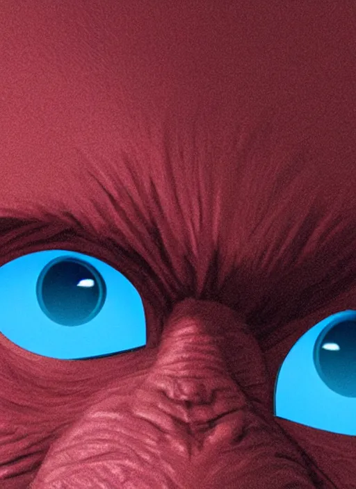 Image similar to a close up of a red gorillas face with blue eyes, an album cover by jacob toorenvliet, featured on behance, cubo - futurism, rendered in cinema 4 d, sketchfab, rendered in maya, red shift, synthwave, by enguerrand quarton, by alesso baldovinetti, 3 d render, holography,