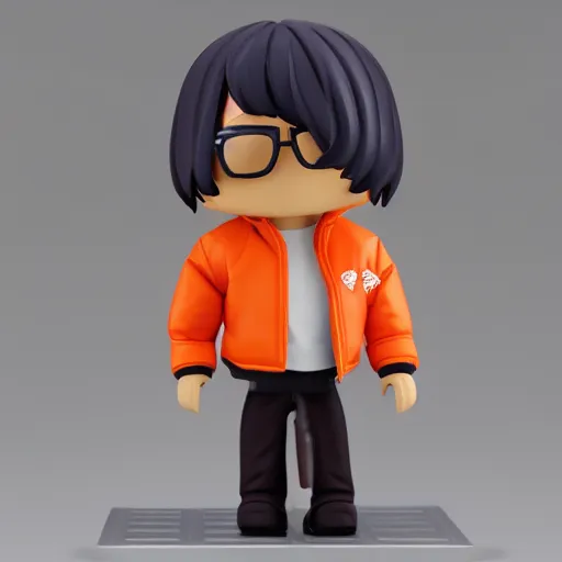 Image similar to magic mushroom, cary grant wearing orange puffy bomber jacket, nendroid, craig mullins style