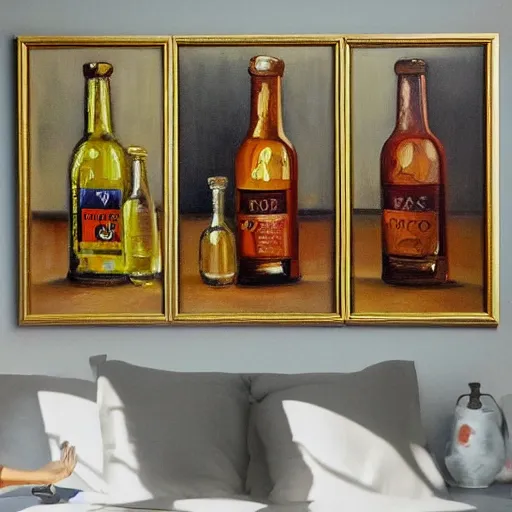 Image similar to a room with four bottles on the floor and a painting of three bottles hanging on the wall, trending on artstation, intricately ordinated oil painting