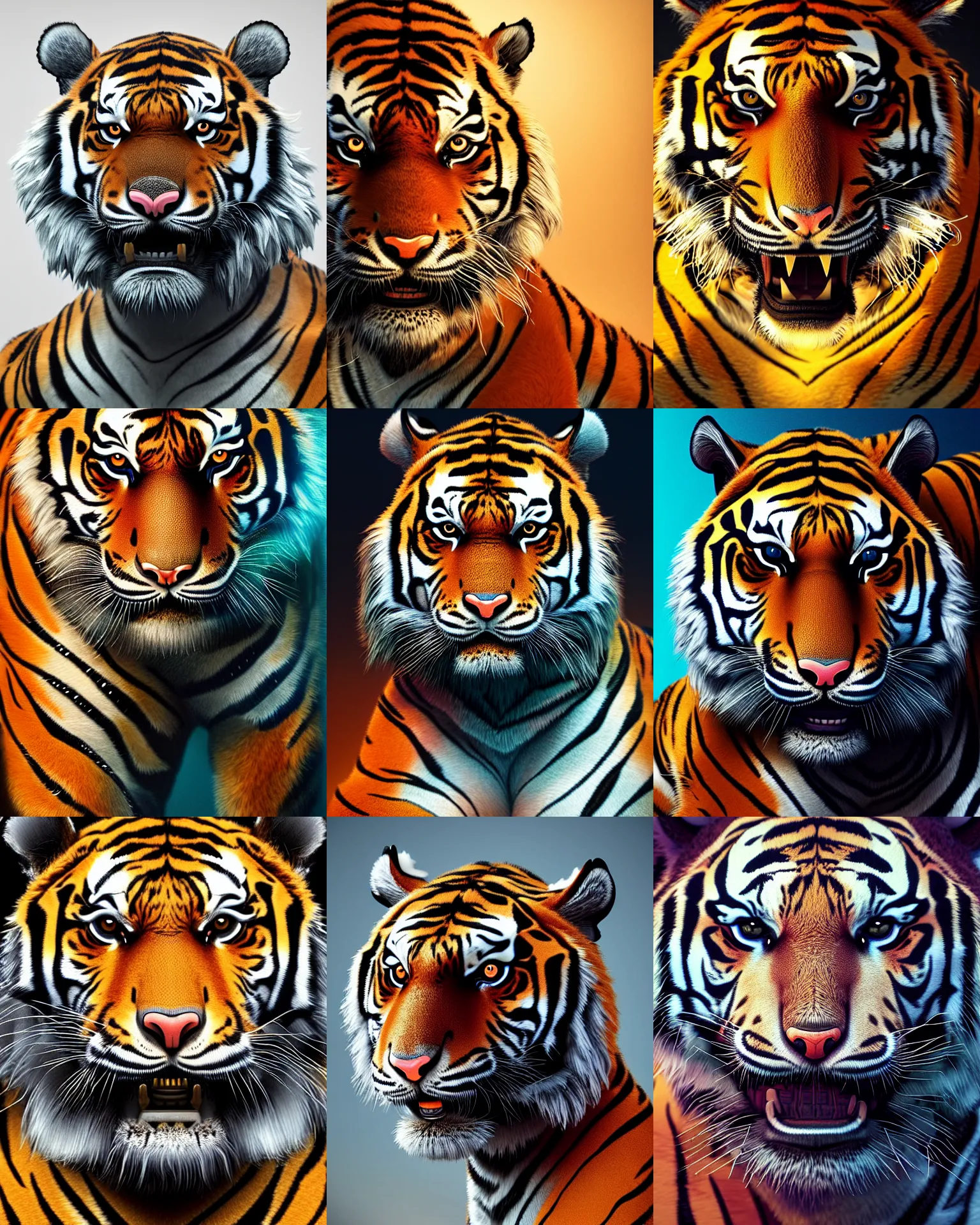 Prompt: portrait of a tiger as a cyborg. intricate abstract. intricate artwork. by tooth wu, wlop, beeple, dan mumford. octane render, trending on artstation, greg rutkowski very coherent symmetrical artwork. cinematic, hyper realism, high detail, octane render, 8 k, iridescent accents
