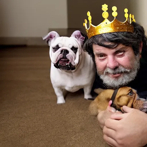 Image similar to Buddy the graying middle aged homeless man playing xbox and petting King Charles the english bulldog wearing a crown, dog wearing a crown, photo by Wes Anderson