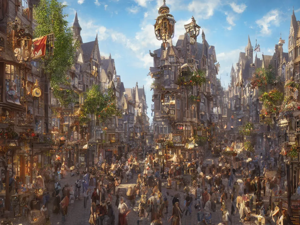 Prompt: streetview of a lively magical town during a festival, inspired by victorian england and amsterdam, sunny weather, highly detailed, intricate, digital painting, trending on artstation, concept art, matte painting, art by greg rutkwowski, craig mullins, octane render, 8 k, unreal engine