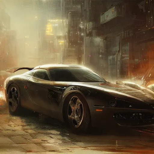 Image similar to full view of a car, intricate, elegant, highly detailed, digital painting, concept art, smooth, sharp focus, art style from Wang Ke and Greg Rutkowski and Bruce Kaiser and Scott Robertson and Dmitry Mazurkevich and Doruk Erdem and Jon Sibal, small style cue from blade runner