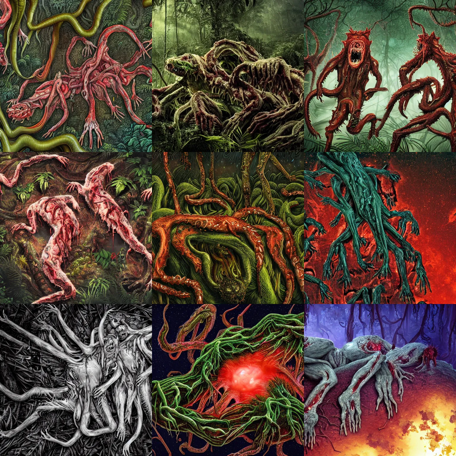 Prompt: an ultra-detailed high-quality photo of twisted humans melting together, forming a massive livid amorphous mass of blood-oozing body horror composed of random limbs, patches of fur, eyes, teeth, and intestines falling out and slithering, in a deep lush jungle at night, cosmic horror, hazy atmosphere