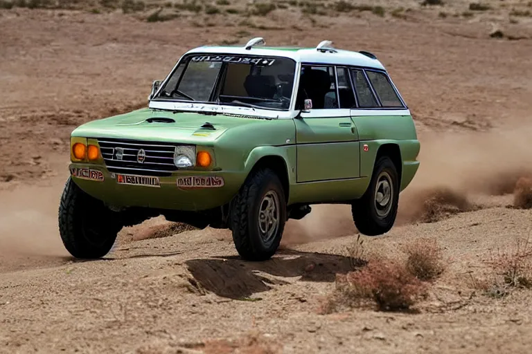 Image similar to designed by giorgetto giugiaro a single 1 9 6 7 dakar prepped land cruiser testarossa, race footage, speed