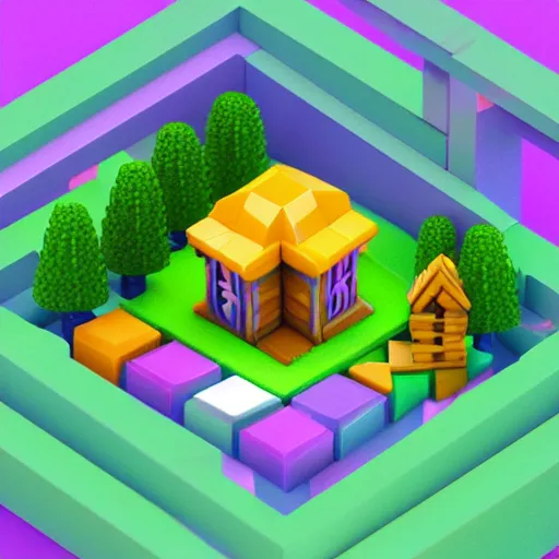 Prompt: 3D isometric cubic cute fairy garden, isometric voxel, 3D