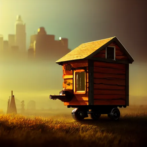 Image similar to a walking tiny wood house with two mechanical legs and two glowing eyes, rust, hyperrealistic, pareidolia, highly detailed, cinematic, single ray of sun, fog, city in background, beautiful, cgssociety, artstation, 8 k, oil painting