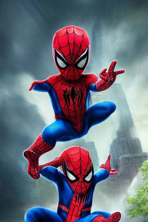 Image similar to majestic and regal portait of asian toddler spiderman, marvel, perfect face, beautiful, intricate, epic, elegant, fantasy, highly detailed, digital painting, hard focus, beautiful volumetric lighting, epic light, ultra detailed, by leesha hannigan, ross tran, thierry doizon, kai carpenter, ignacio fernandez rios