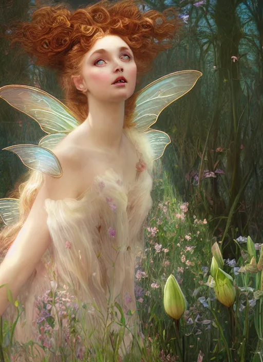 Image similar to hyper realist matte digital painting of a beautifyl fairy, resembling lily cole, in a sunlit clearing, flowers, fairytale, fantasy art, photo realistic, dynamic lighting, artstation, volumetric lighting, by mucha, by charlie bowater, by karol bak, by alma tadema