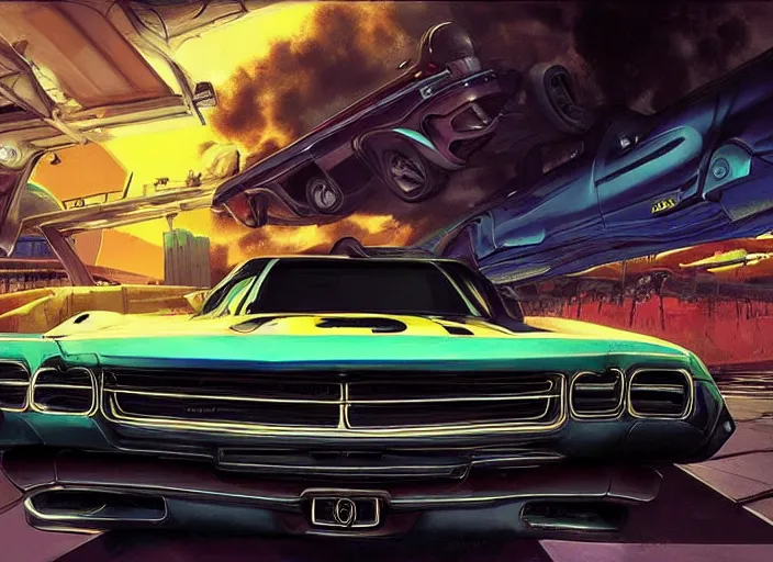 Prompt: lowrider muscle car fantasy of the future, art by alejandro burdisio