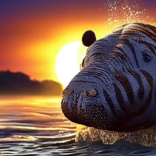 Image similar to a closeup photorealistic photograph of a smiling cute knitted tiger hippopotamus riding a large wave during sunset. surf in the background. professional capture. brightly lit scene. this 4 k hd image is trending on artstation, featured on behance, well - rendered, extra crisp, features intricate detail, epic composition and the style of unreal engine.