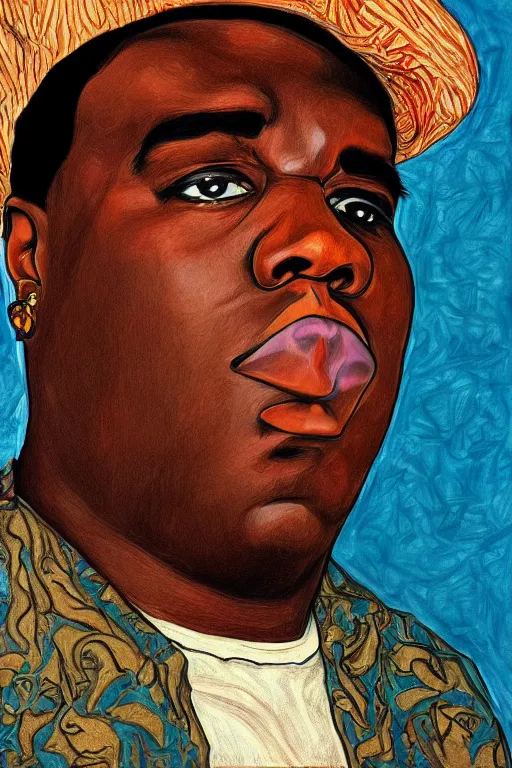 Image similar to a portrait of biggie smalls in style of rudy gutierrez and egon schiele, masterpiece, hyperdetailed, complex, intricate, 4 k, trending on artstation