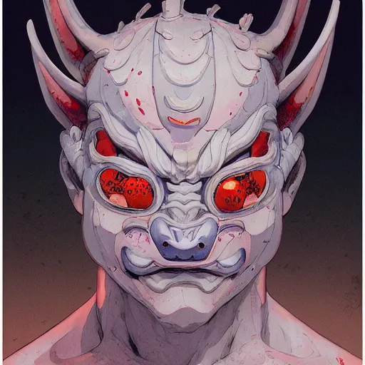 Image similar to prompt : oni mask character portrait soft light painted by james jean and katsuhiro otomo and erik jones, inspired by evangeleon anime, smooth face feature, intricate oil painting, high detail illustration, sharp high detail, manga and anime 1 9 9 9