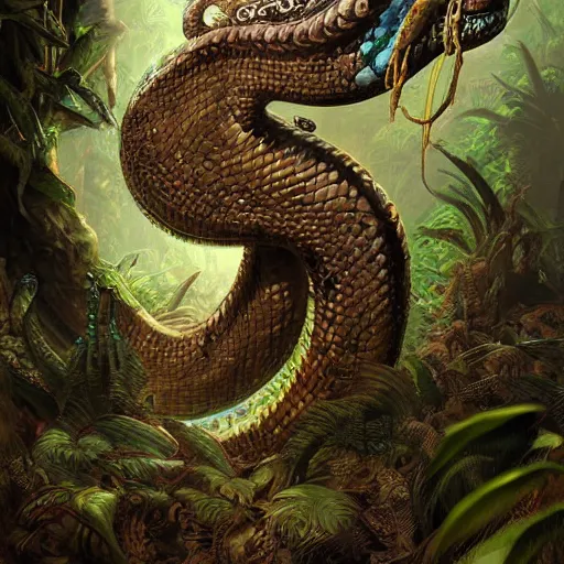 Prompt: digital painting of mayan snake god, by filipe pagliuso and justin gerard, jungle, fantasy, highly detailed, ominous, intricate, snake, feathers, fangs