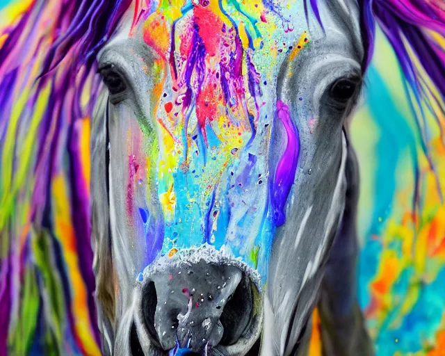 Image similar to still shot close up footage of the portrait of a horse head made of acrylic pour and coloured powder explosion and splashing paint and dripping paint and flying paint chunks, motion blur, hyperrealistic, medical, intricate art photography, anatomically correct, realistic crisp textures, 1 6 k