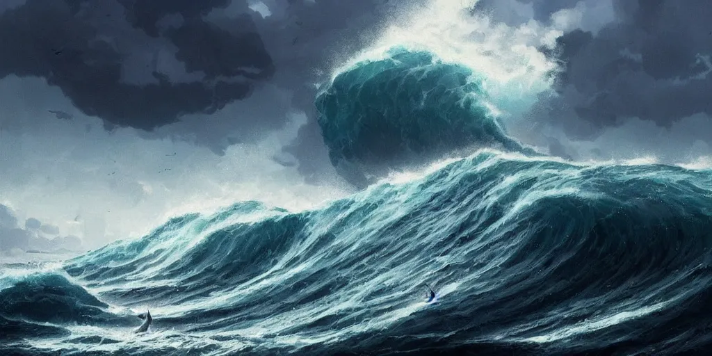 Image similar to A fishing boat rides a huge wave in a stormy sea, an intense storm blacks out the sky, fork lightning, dark and epic, Greg Rutkowski and Studio Ghibli