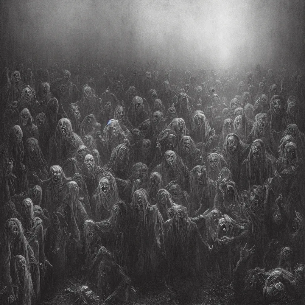 Image similar to dawn of the dead, creepy atmosphere, dark, portrait, realistic, very realistic, illustration by gustave dore