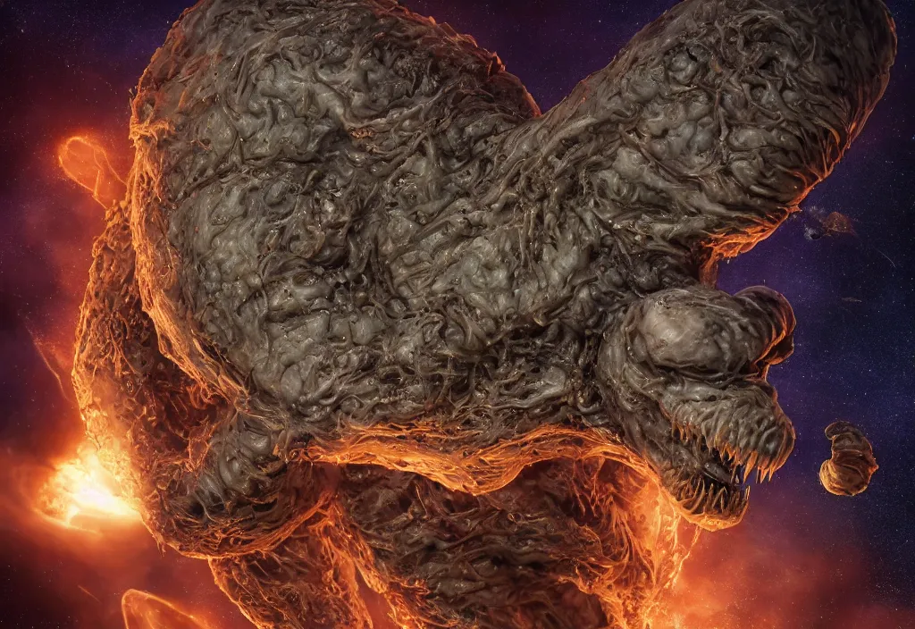 Image similar to eldritch horror bloody garfield in space, hd, 8 k, giant, epic, realistic photo, unreal engine, prophecy, powerful, cinematic lighting, destroyed planet, debris, violent, sinister, ray tracing, dynamic, epic composition, dark, horrific, teeth, grotesque, monochrome drawing, hellscape, corpses, foreboding, lightning, cartoon eyes