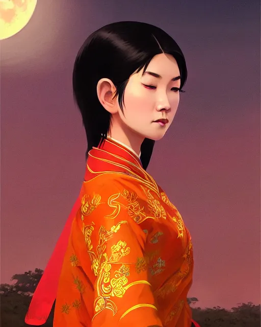 Image similar to asian female wearing traditional vietnam costume, full moon on the sky, a ultra detailed beautiful panting by ilya kuvshinov, greg rutkowski and makoto shinkai, trending on artstation