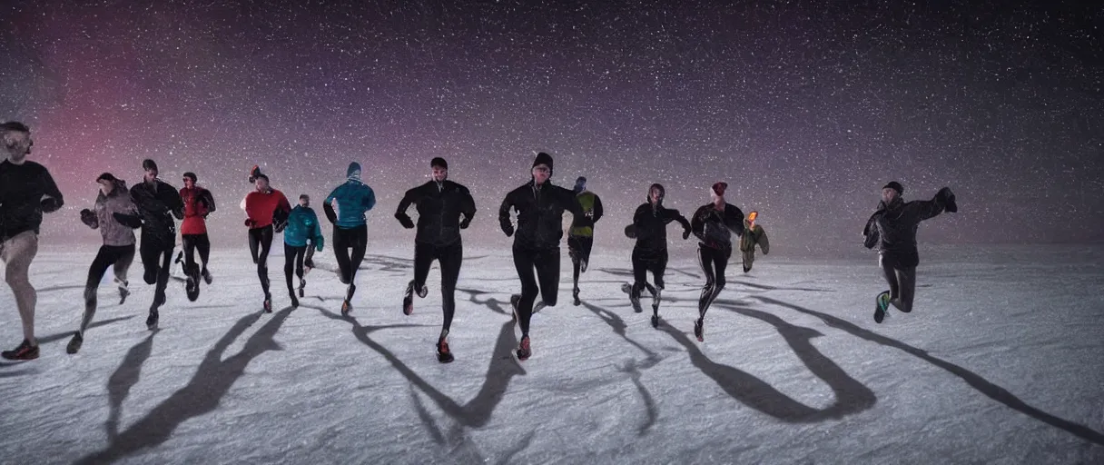 Prompt: a creepy dimly lit hyper detailed photo realistic vivid close up photograph of a group of six people running at night in antarctica running through mcmurdo station base screaming oh my god terror shadows evil darkness aurora borealis
