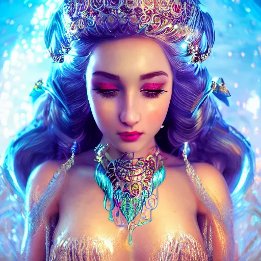 Image similar to portrait of mermaid princess, glowing, ornate and intricate jewelry, jaw dropping beauty, glowing background lighting, white accent lighting, hyper detailed, fairy tale, 4 k octane render