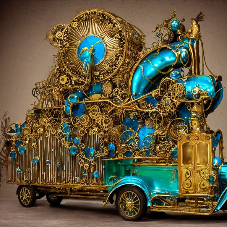 Prompt: peacock - shaped steampunk peacock - shaped pickup truck with a tall brass baroque pipe organ on the back with blue, very tall brass organ pipes, organ pipes splayed in the back, green and purple, brass peacock, pipeorgan, hyper realism, studio lighting 0 0 0 0 0 1