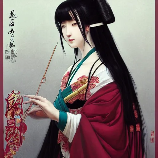 Prompt: a beautiful portrait of hatsune miku with long black and deep red colored hair dressed as a 1 st century chinese noblewoman, intricate, elegant, highly detailed, digital painting, artstation, concept art, matte, sharp focus, illustration, art by greg rutkowski and alphonse mucha