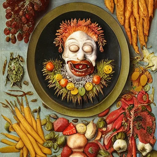 Prompt: dinner is served by giuseppe arcimboldo