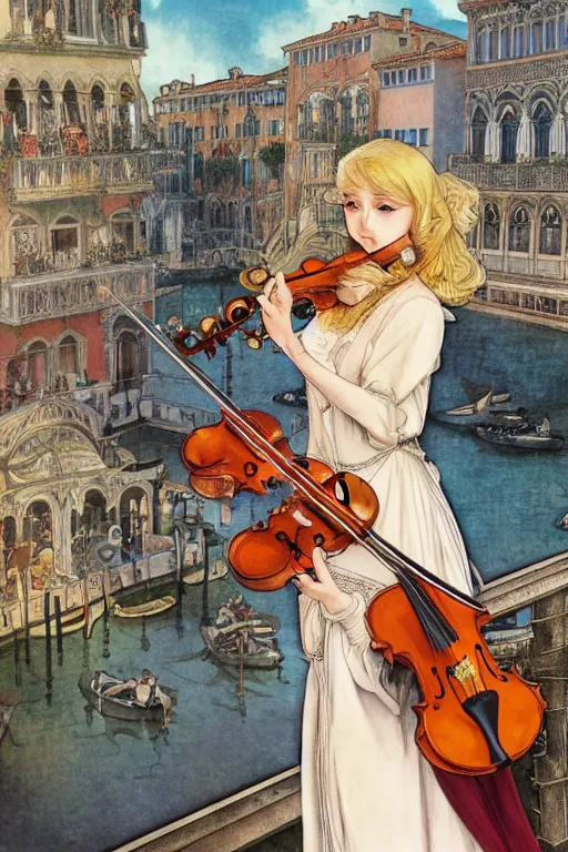 Prompt: beautiful blonde girl, expressively playing the violin, in a venetian outfit, illustration, manga, on the roof of a burning building, highly detailed, artstation, illustration, jurgens, alfonse mucha, vatican style, canon eos r 3