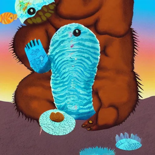 Image similar to collage art representing a Kaiju shaped like a water bear in a desert