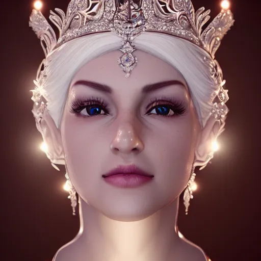 Image similar to wonderful princess of white diamonds with fair skin, white hair, white flowers, ornate with white diamonds, 8 k, gorgeous, intricate, detailed, glowing white accent lighting, dramatic lighting, octane render