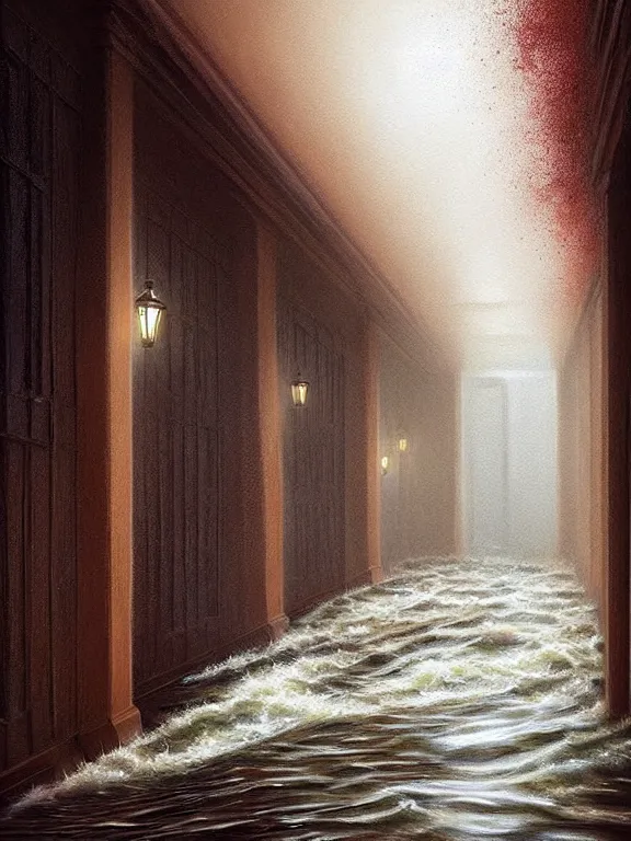 Prompt: A beautiful digital painting of a unending hallway spooky flooding by Mark Keathley, Iblard Jikan, Steven Belledin, Martin Johnson Heade, Lee Madgwick, and Caspar David Friedrichl 8k artstation