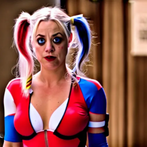 Prompt: A still of Kaley Cuoco as Harley Quinn, wearing her comics-accurate outfit