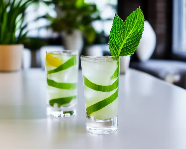 Prompt: 5 5 mm photo of best two long cocktail glasses on a zen minimalist white table with elegant houseplants in the background. highly detailed 8 k. intricate. lifelike. soft light,