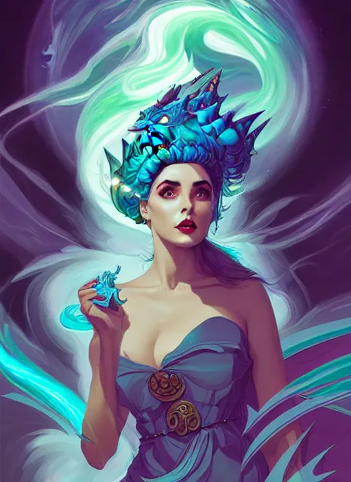 Prompt: style artgerm, joshua middleton, illustration, elizabeth taylor as a dragon priestess wearing green pelt light armor, blue hair, swirling water cosmos, fantasy, dnd, cinematic lighting