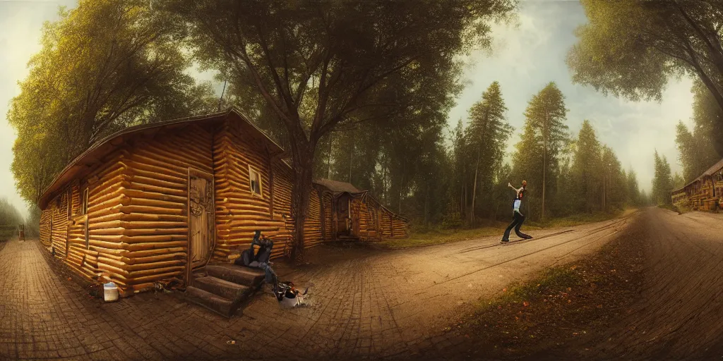 Prompt: a detailed beautiful matte painting of a skateboarder, kick flip, pilgrim village setting, log homes, dirt road, trees by Mikko Lagerstedt and Raphael Lacoste, graffiti throughout by Fintan Magee, fisheye lens,