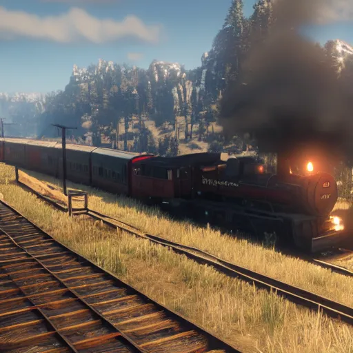 Image similar to A train in red dead redemption 2, screenshot, high quality image, widescreen, in-game engine, 8k, octane render