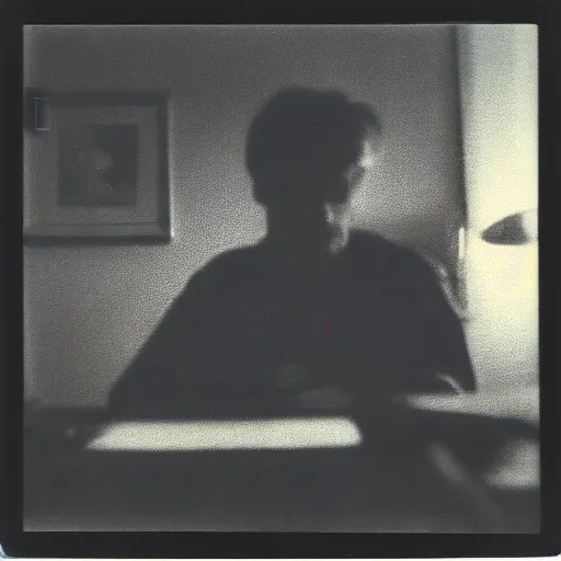 Prompt: Detailed polaroid photograph of a guy sitting at his 80s computer late at night in a dark room with only the screen lighting up the room