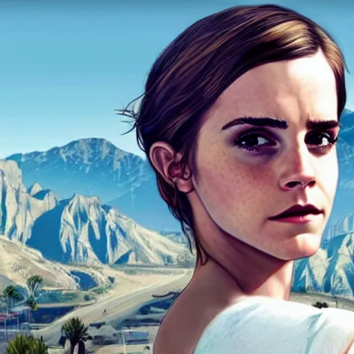 Image similar to emma watson on a gta 5 cover art