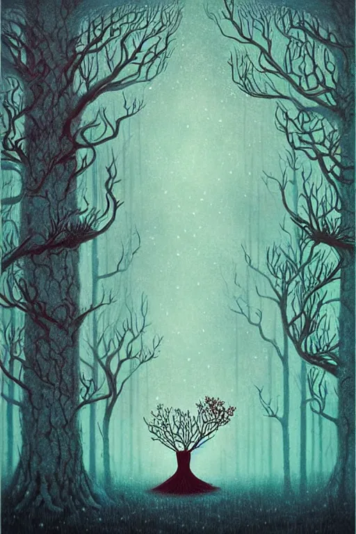 Image similar to surreal, fantasy, fairytale animals, hangman's tree, crossroads, forest, by andy kehoe