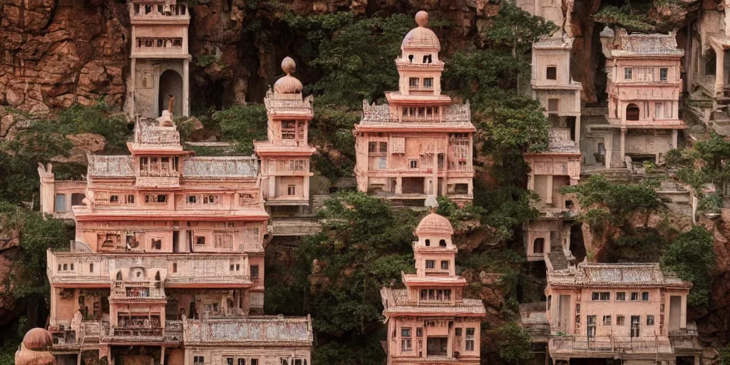 Prompt: a very high resolution image from a new movie, upside - down old temple, beautiful scenery, photorealistic, photography, directed by wes anderson