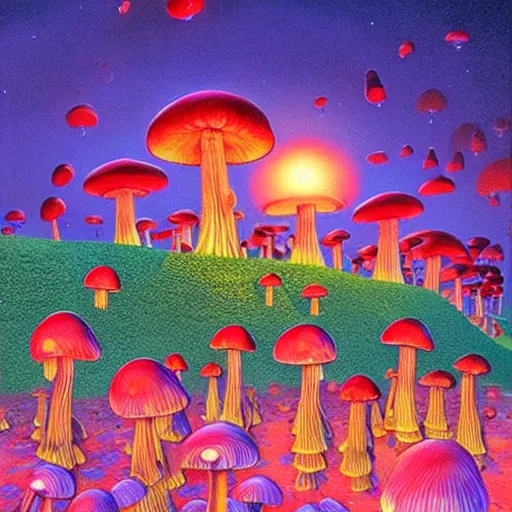 Prompt: glowing mushroom village, art by ricardo bofill, james christensen, rob gonsalves, paul lehr, and tim white
