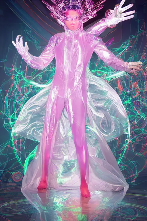 Prompt: full-body rococo and cyberpunk delicate crystalline sculpture of attractive muscular iridescent Zayn Malik as a humanoid deity wearing a thin see-through plastic hooded cloak sim roupa, posing like a superhero, glowing pink face, crown of white lasers, large diamonds, swirling black silk fabric. futuristic elements. oozing glowing liquid, full-length view. space robots. human skulls. throne made of bones, intricate artwork by caravaggio. Trending on artstation, octane render, cinematic lighting from the right, hyper realism, octane render, 8k, depth of field, 3D