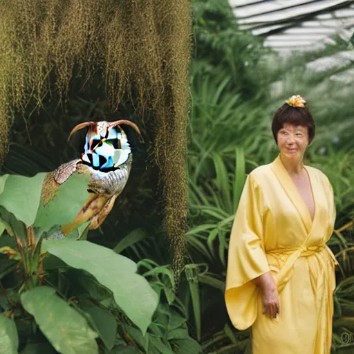 Image similar to Medium format portrait of a beautiful woman wearing a yellow kimono in a tropical greenhouse, she has a very detailed barn owl on her shoulder, ,graflex, 85mm f1.8, bokeh