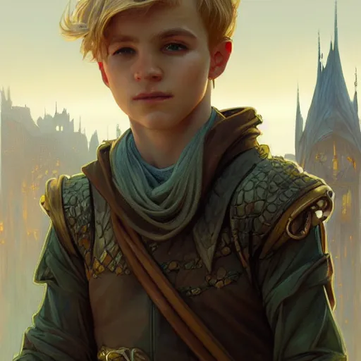 Image similar to an epic fantasy comic book style portrait painting of a young blonde boy wearing plain thief clothes, d & d, fantasy, intricate, elegant, highly detailed, digital painting, artstation, concept art, matte, sharp focus, illustration, art by artgerm and greg rutkowski and alphonse mucha